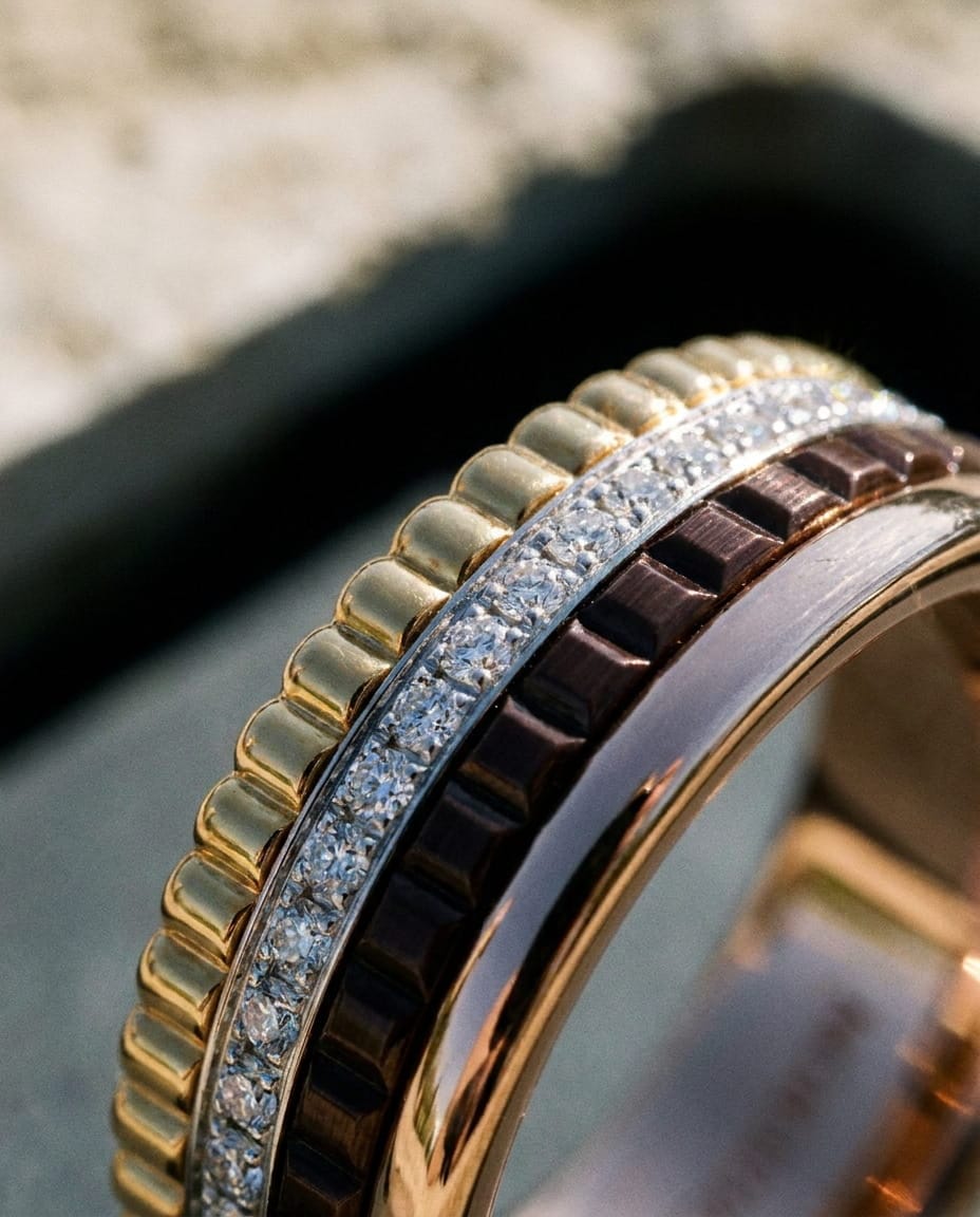 Boucheron — macro of the Quatre ring, gold, diamonds and brown band