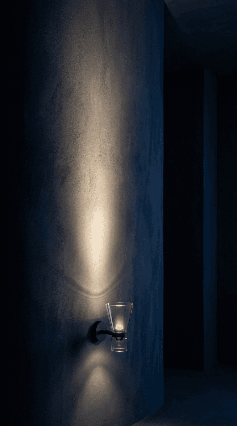 Flos — a wall sconce throwing a column of light up a blue plaster wall