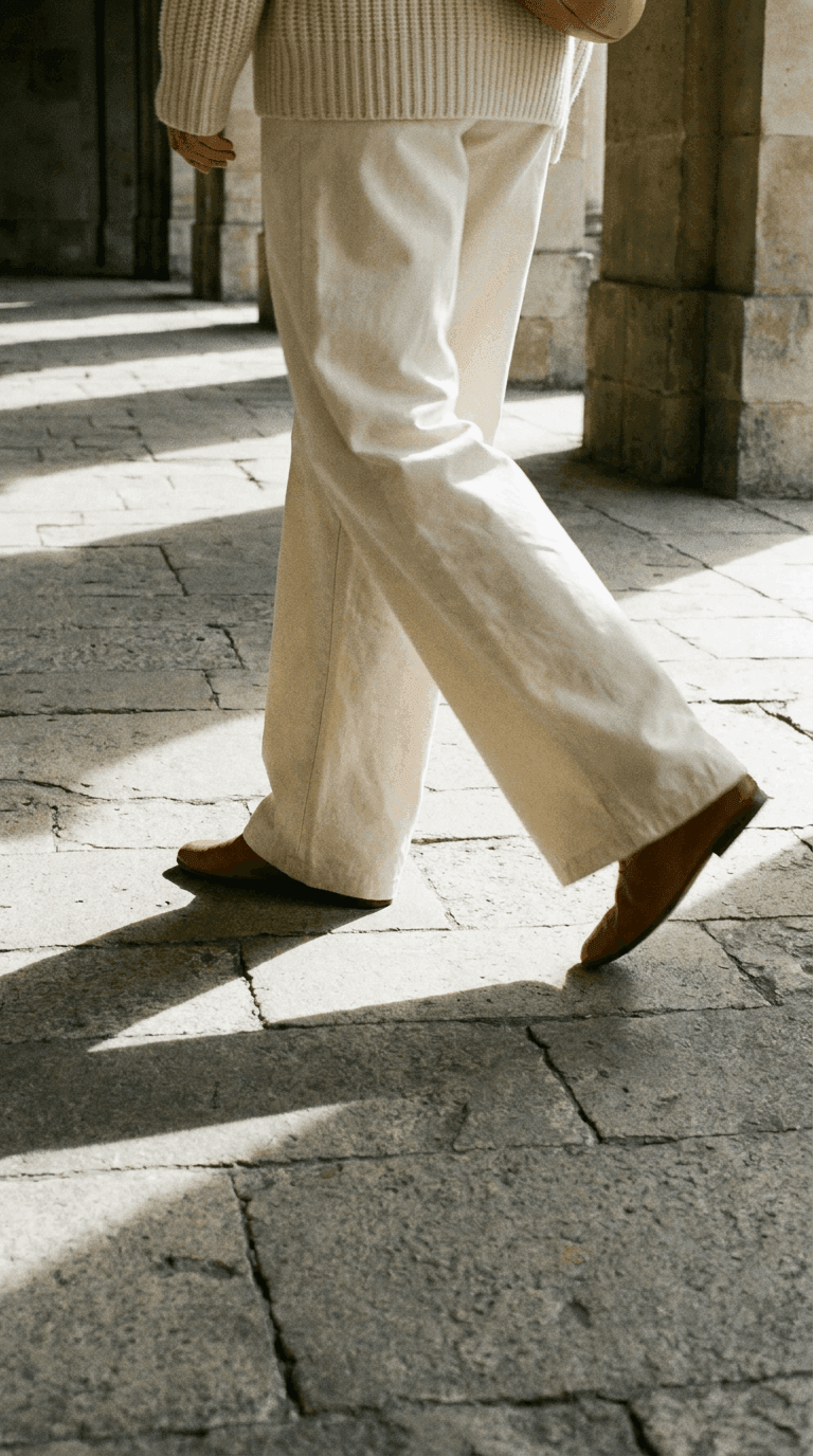 Lemaire — legs mid-stride on stone paving