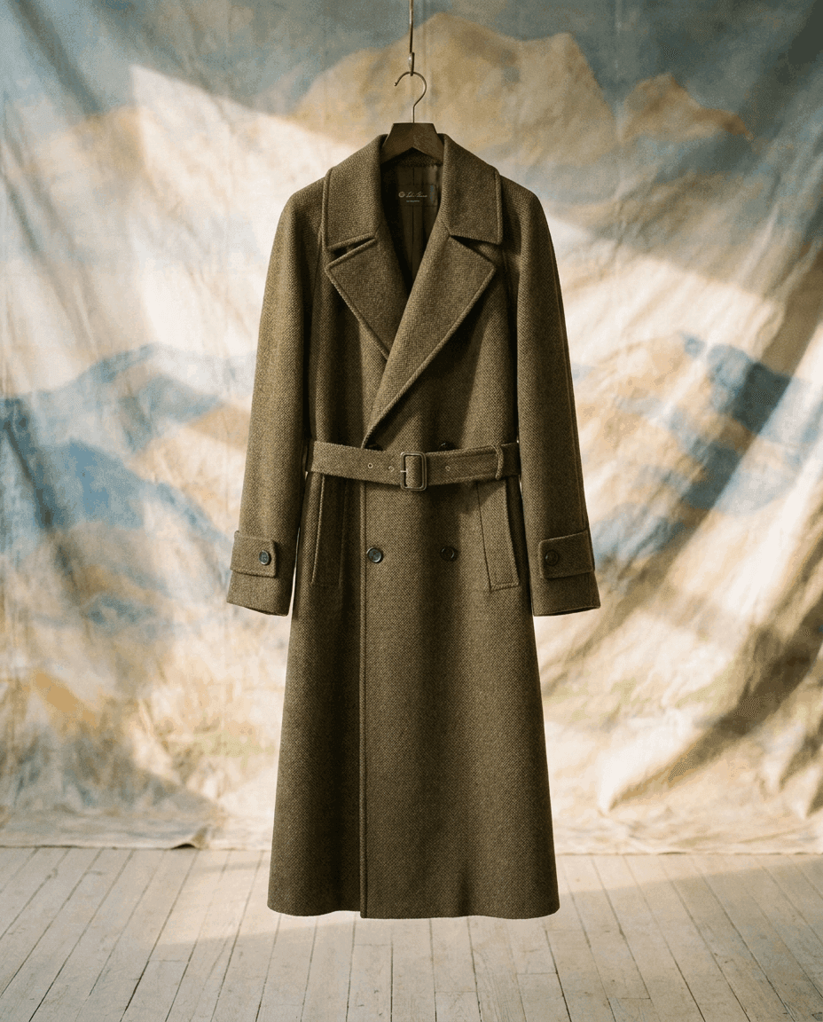 Loro Piana — wool coat hung against a painted backdrop