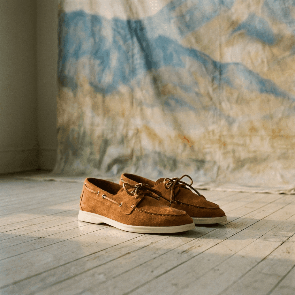 Loro Piana — suede shoes on bare floorboards