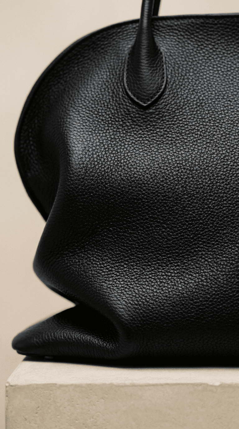 The Row — pebbled leather at macro scale on a plaster plinth