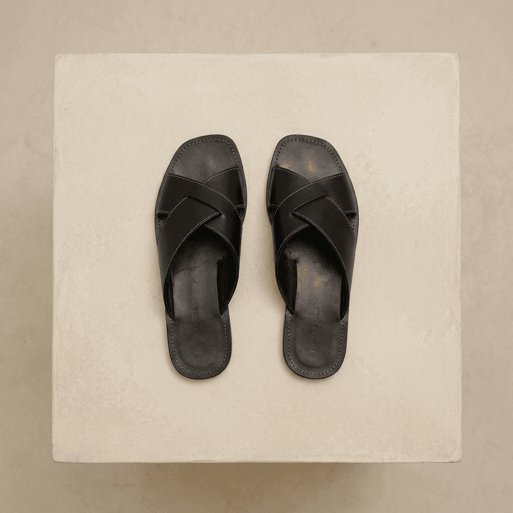 The Row — leather sandals seen from above on a plaster block